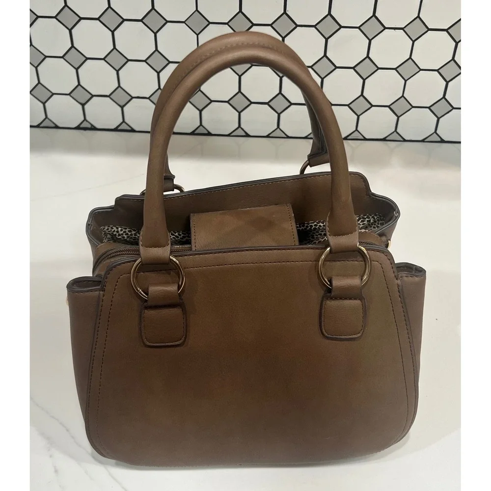 Brown Faux Leather Satchel Handbag Gold Hardware Cheetah Print Lining Tote Bag